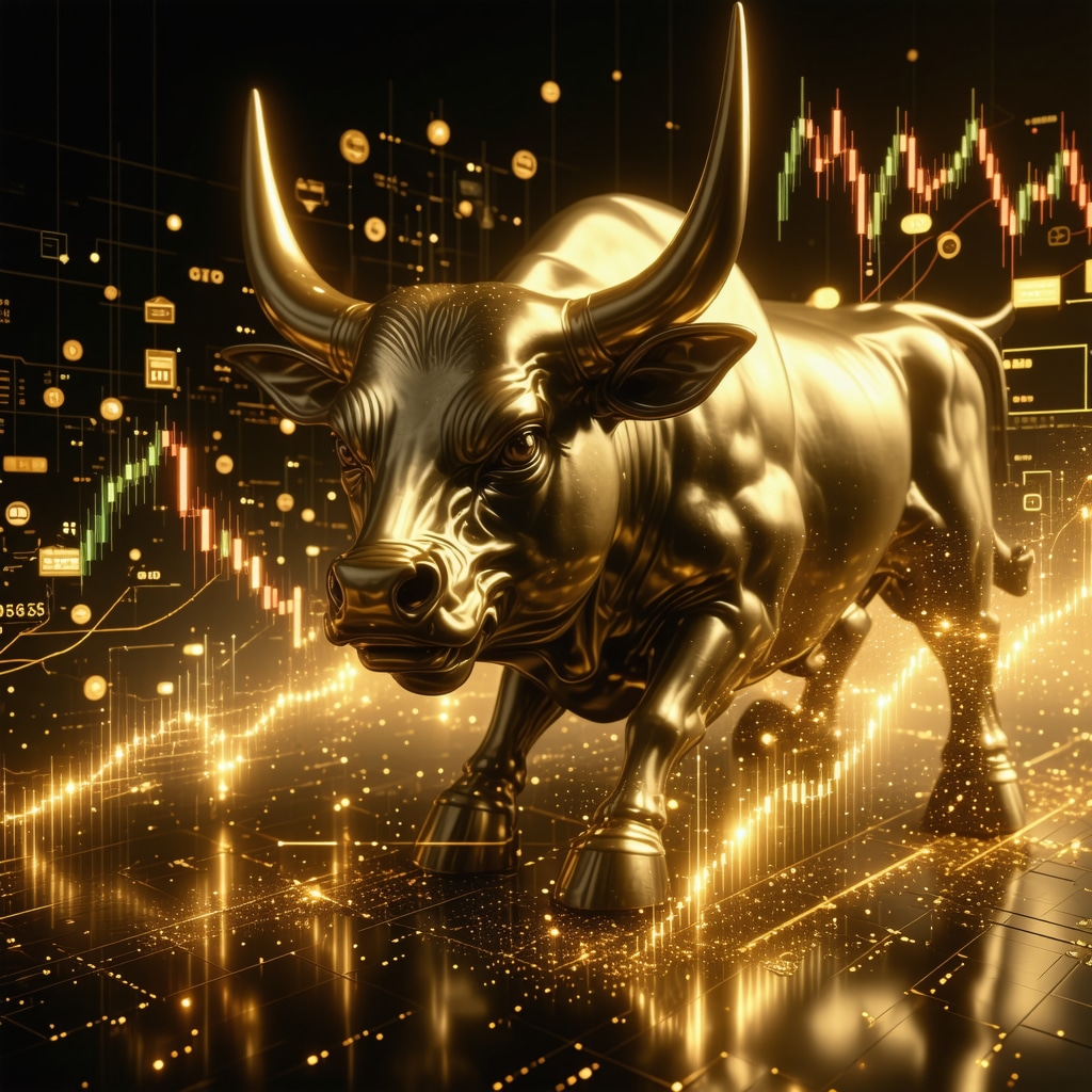 Digital illustration of gold bull with stock charts, ESG symbols, and AI data flows representing 2025 gold trading expertise