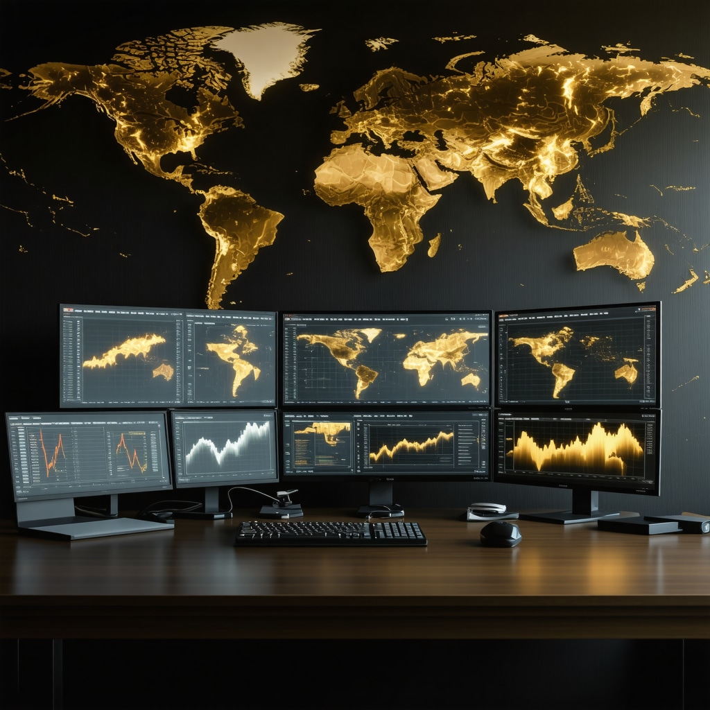 Trading desk showing gold price charts, geopolitical maps, and psychological data for advanced trading
