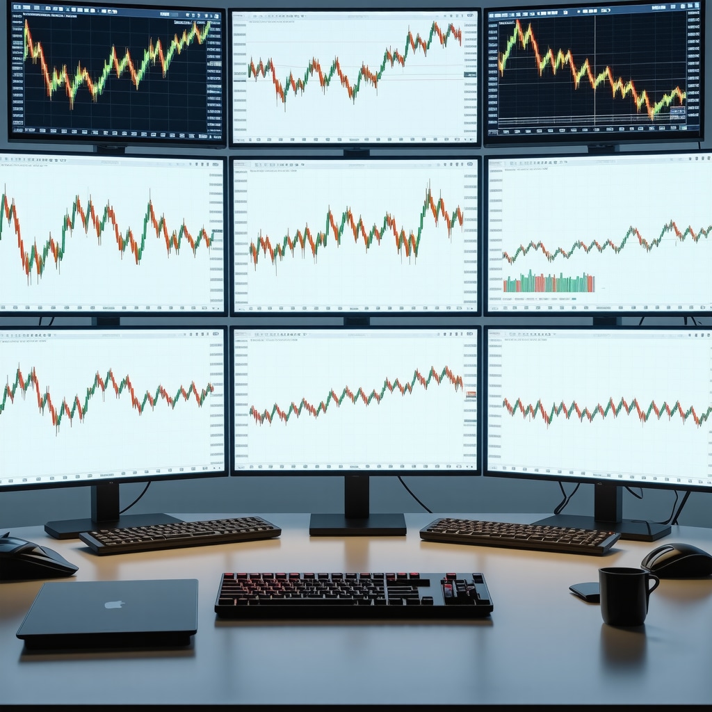 Trading desk with gold price charts and sentiment analysis graphs