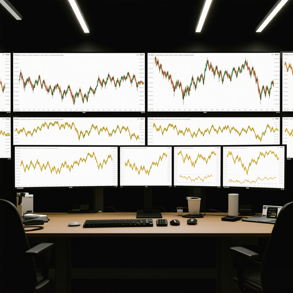 High-tech gold trading desk with multiple monitors showing gold market data and algorithmic trading codes