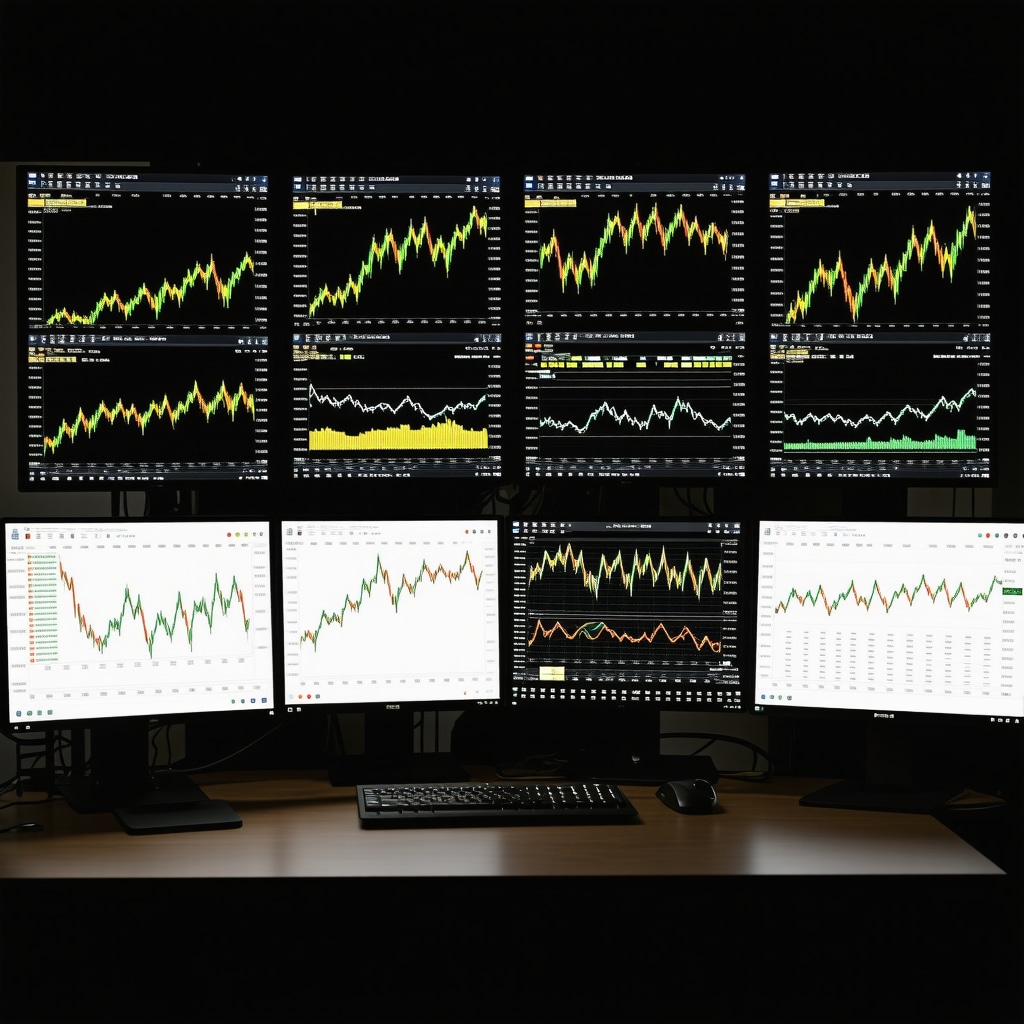 Trading workstation showing gold price charts, real-time macroeconomic news, ESG metrics, and algorithmic trading dashboards