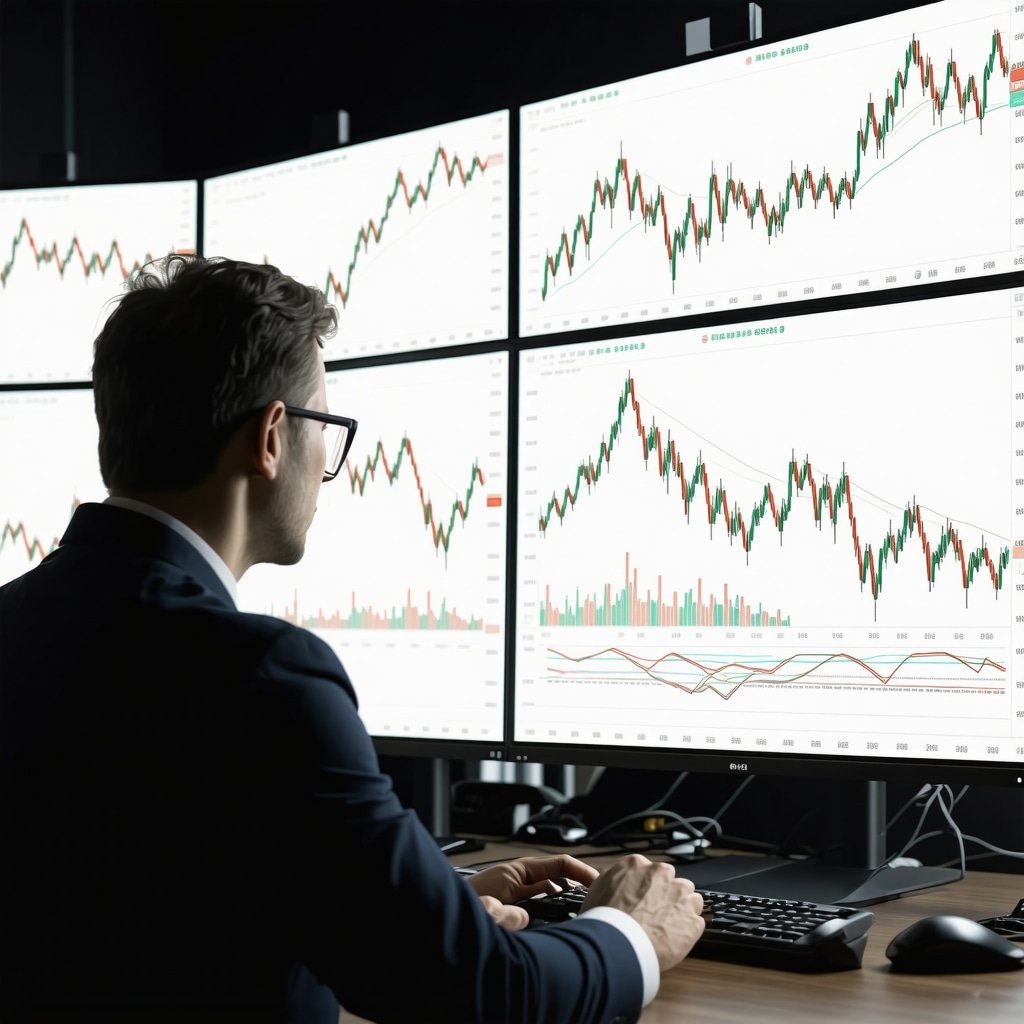 Trader using multiple screens showing gold price charts, algorithmic codes, and sentiment analysis graphs in a high-tech setup