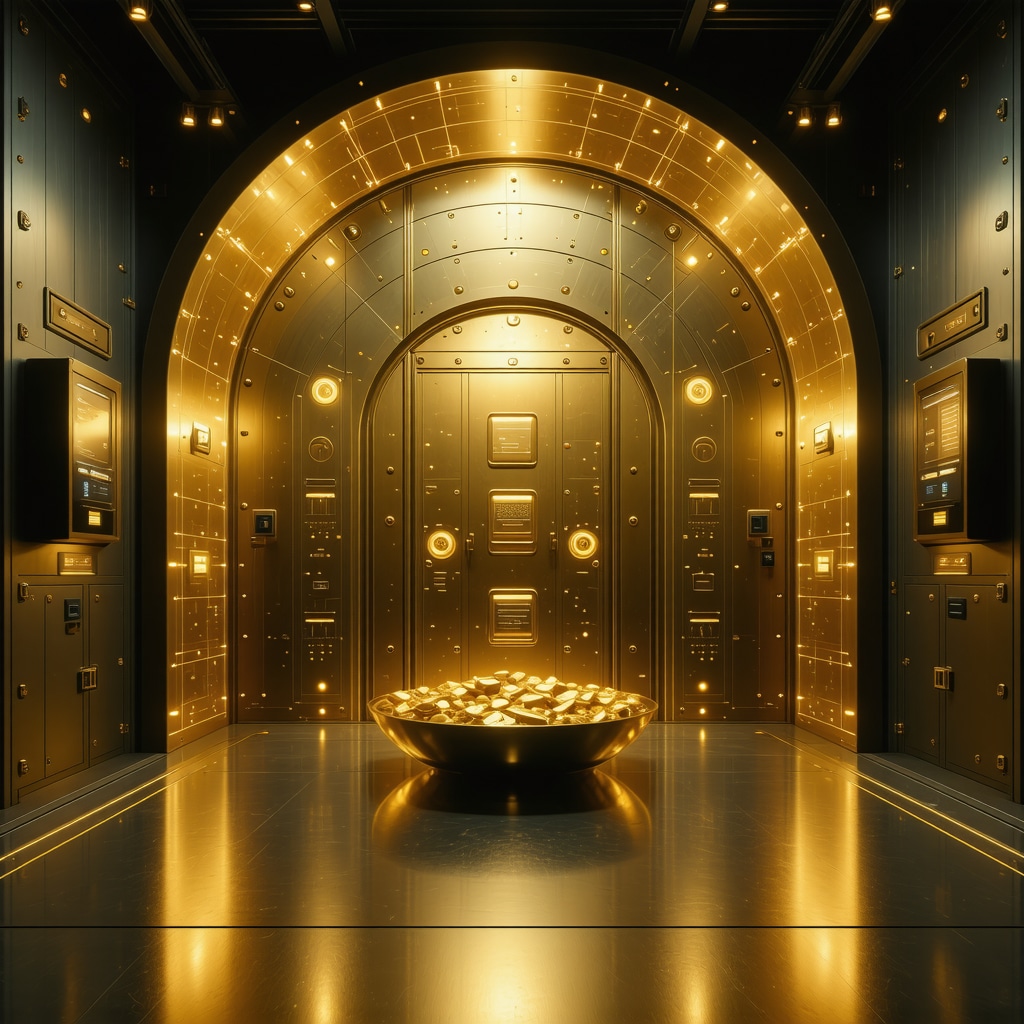 High-tech gold storage vault equipped with biometric scanners and blockchain verification screens