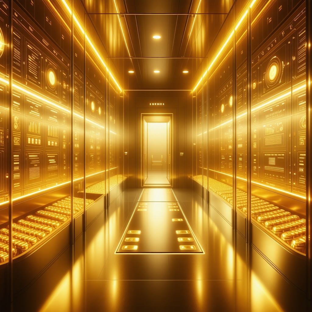 High-tech gold vault with biometric scanners and digital blockchain authentication displays securing gold bars and coins