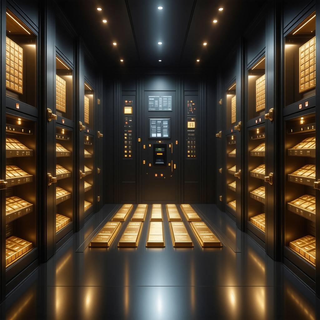 Interior of a high-tech gold vault featuring biometric security, environmental controls, and segregated gold storage compartments