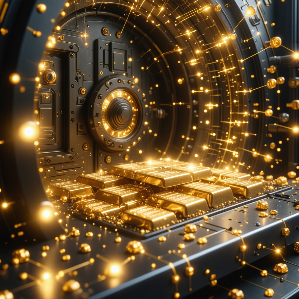 Futuristic gold vault with digital blockchain overlays representing innovative gold storage and tokenization