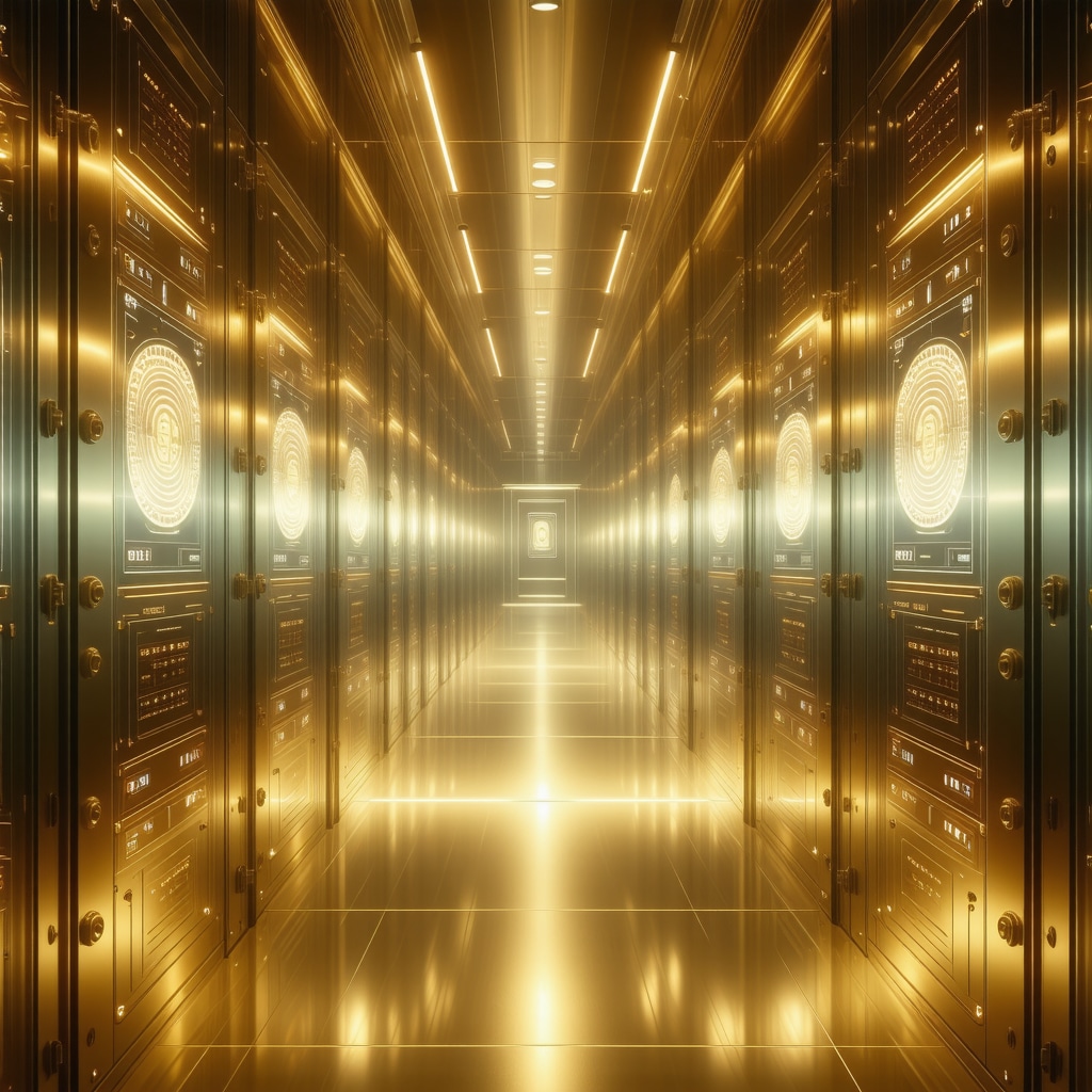 Secure gold vault with biometric access and blockchain certificates displayed on digital screens