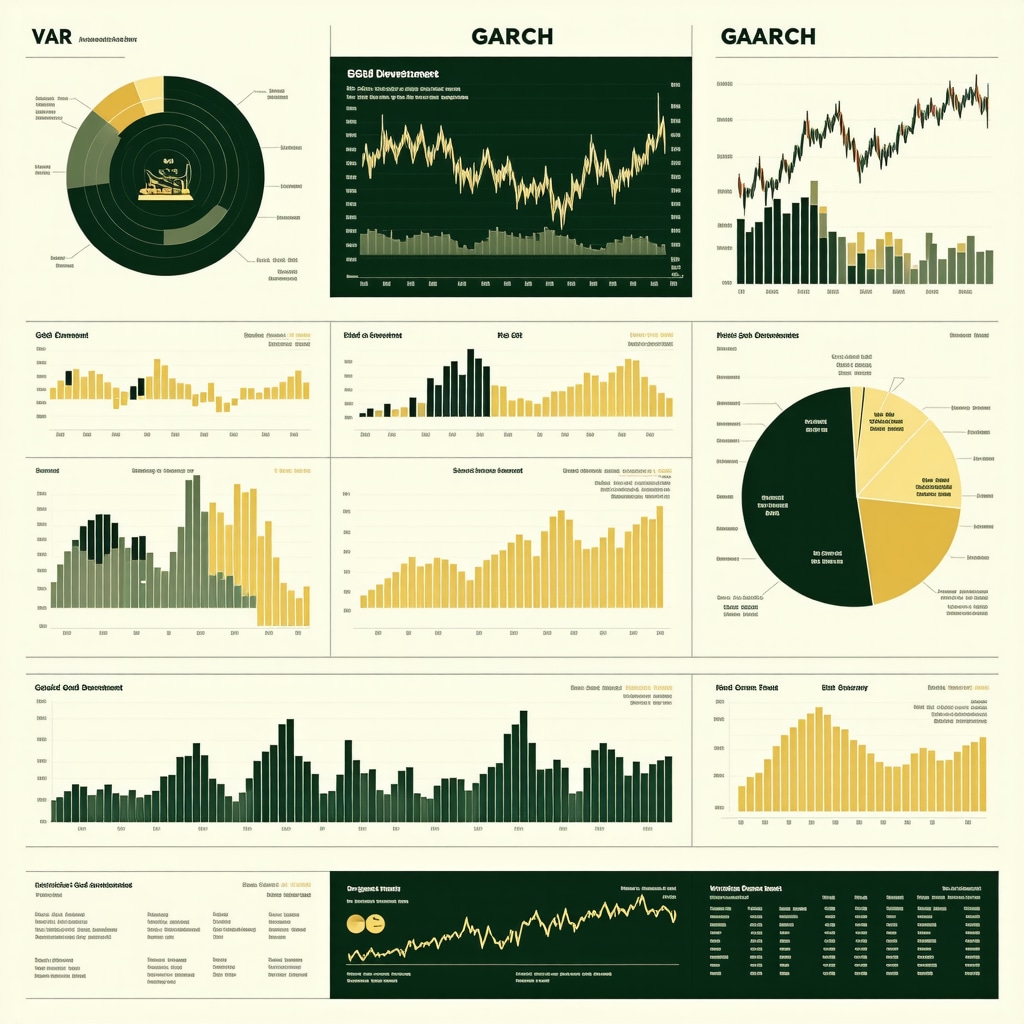 Infographic showing VAR and GARCH model outputs alongside ESG gold investment and derivatives charts
