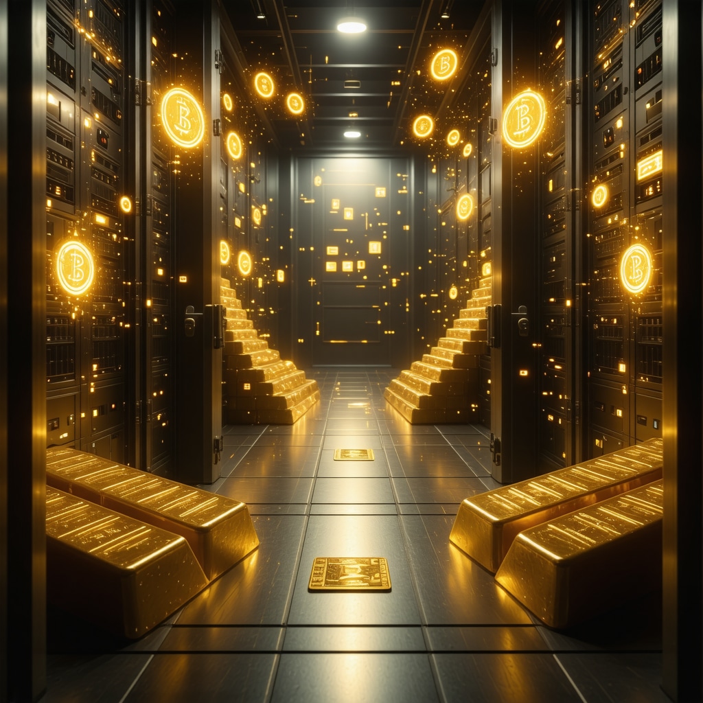 Secure vault with biometric scanners and blockchain icons overlaying physical gold bars