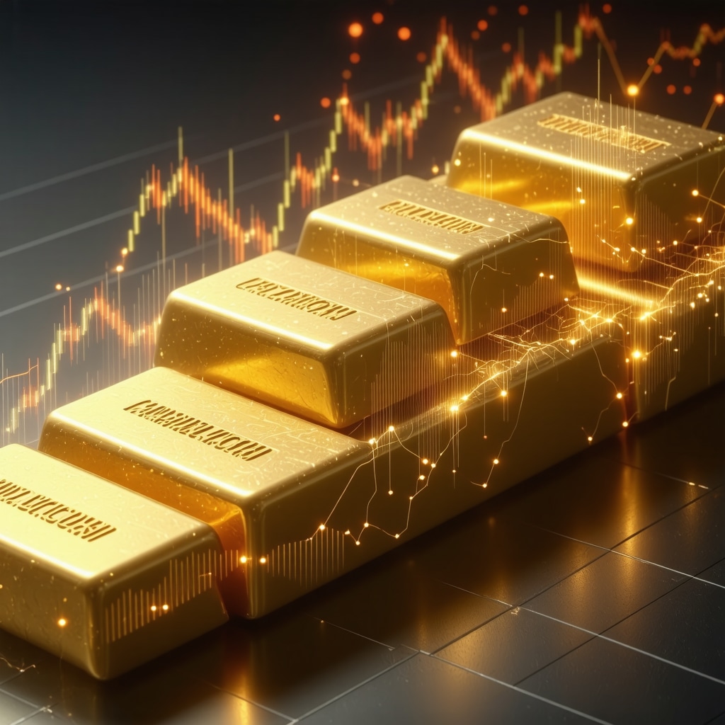 Financial chart with gold bars and digital data representing gold market technical analysis