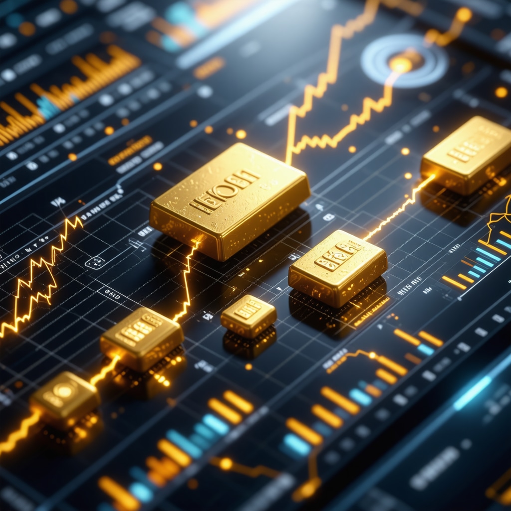 Digital interface showing gold market data with blockchain and AI visual elements