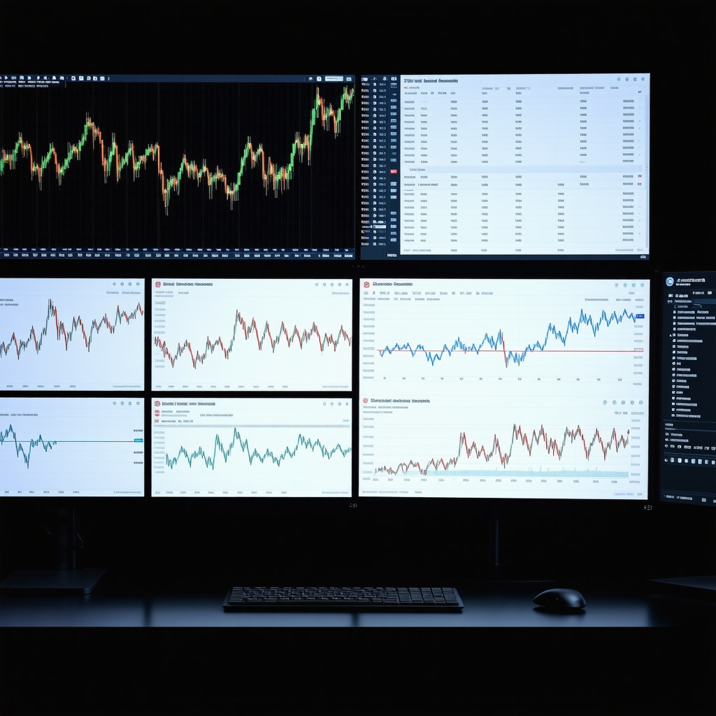 Trading screens showing gold futures charts and real-time sentiment analysis