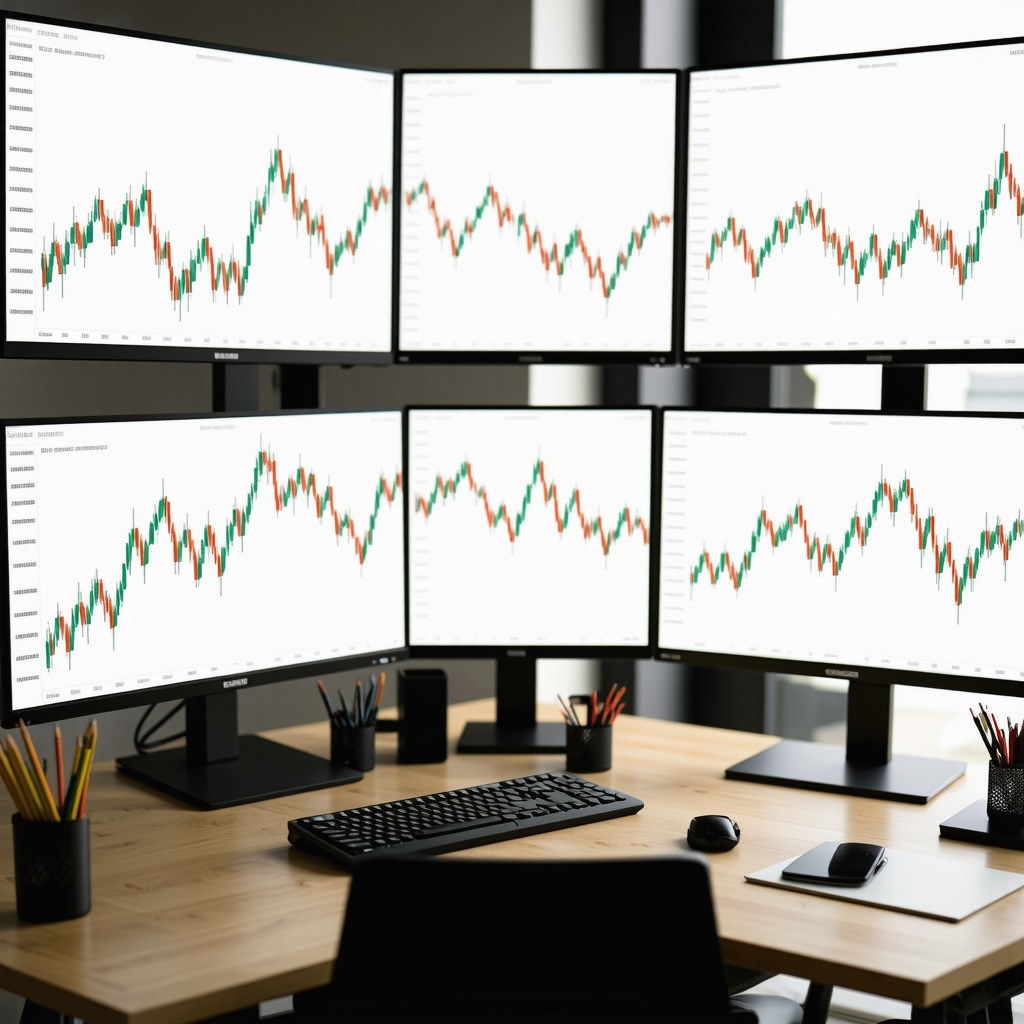 Financial workspace with multiple screens displaying gold ETF charts and macroeconomic data for expert investment analysis