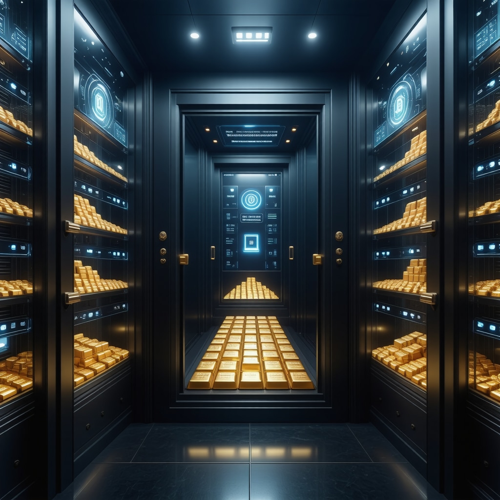 High-security vault with biometric access and blockchain verification screens for gold inventory