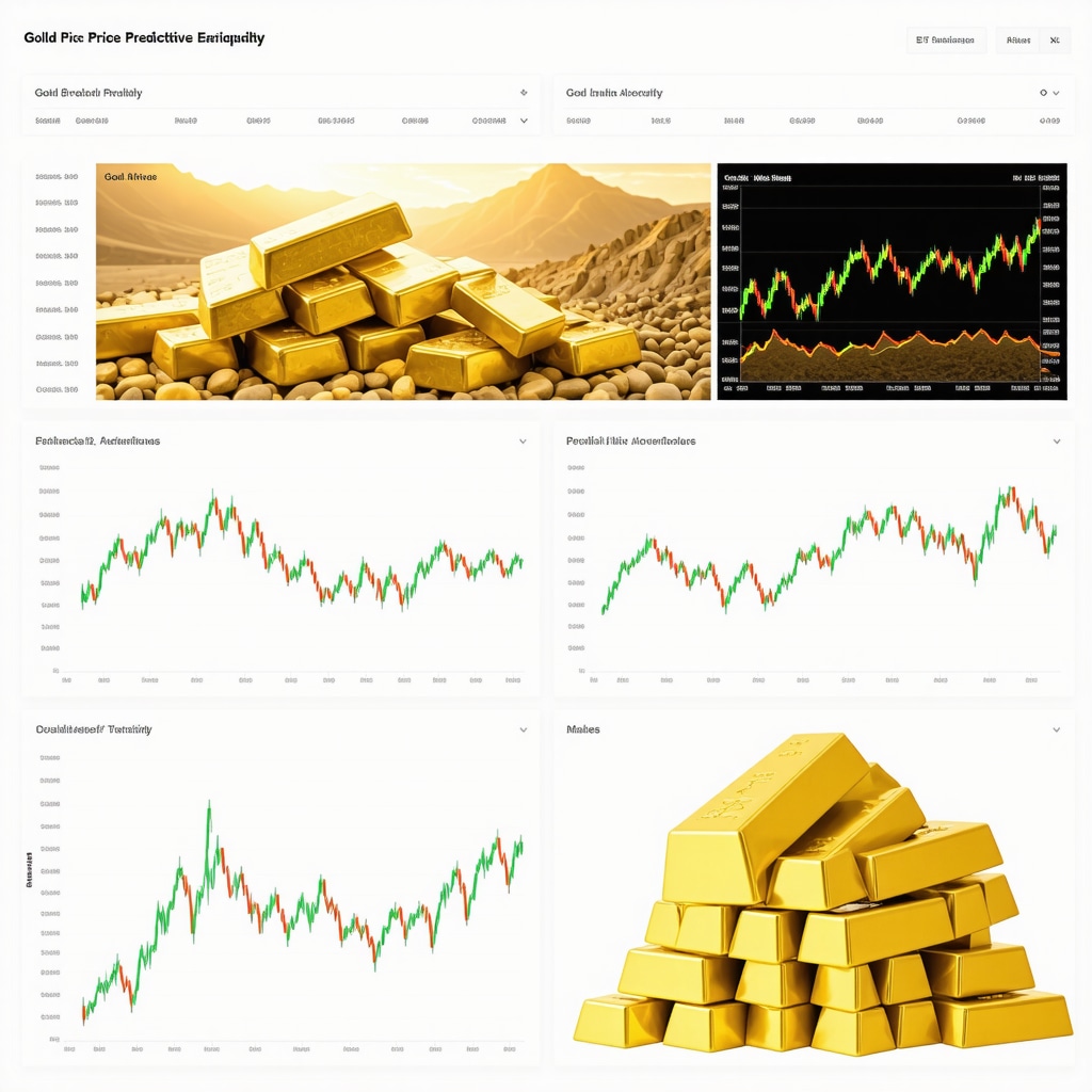 Financial dashboard showing gold price forecasts and portfolio allocations alongside gold bars and mining visuals