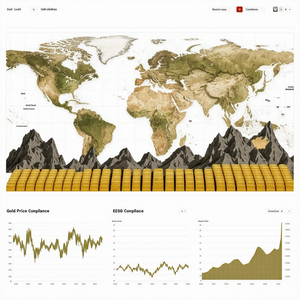 Digital dashboard showing gold price trends, geopolitical risk scores, and ESG compliance indicators with gold bars and mining visuals