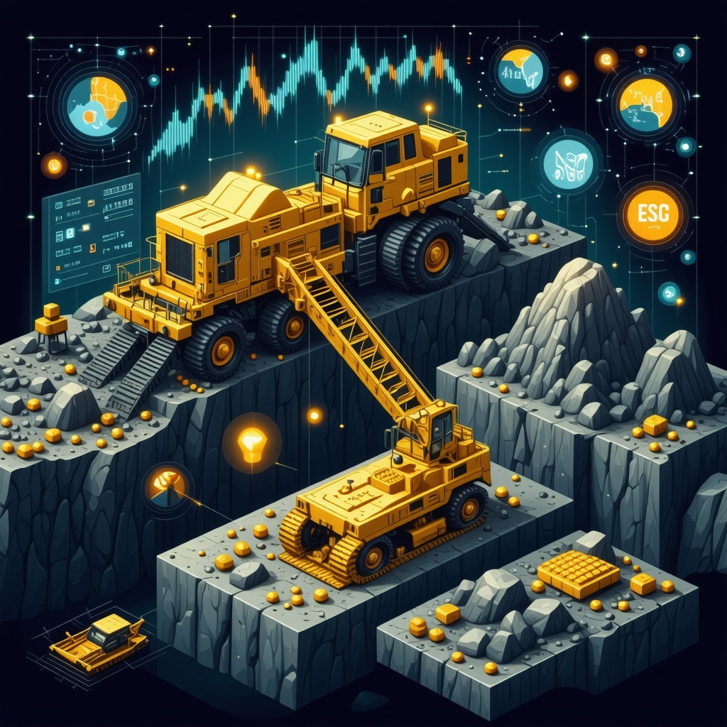 Gold mining site with AI technology and stock market charts showing ESG factors