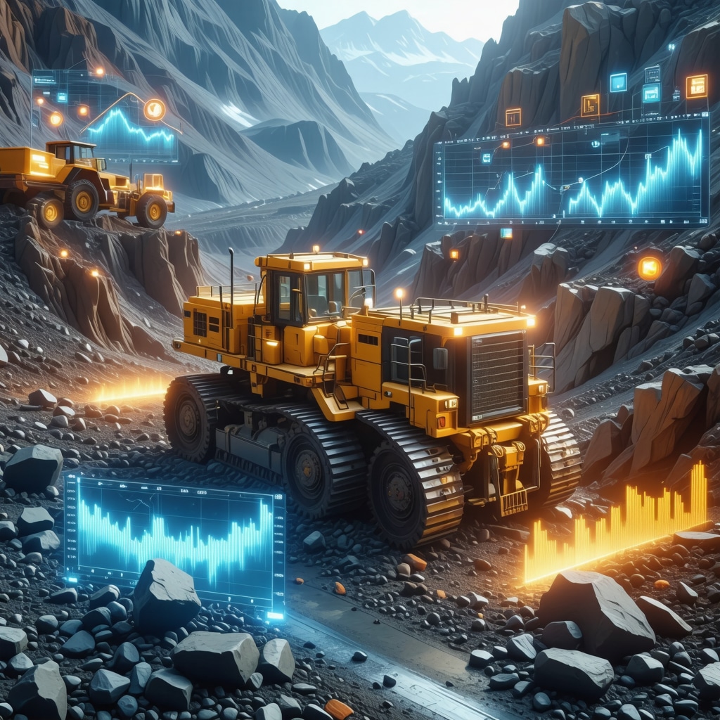 Illustration of automated gold mining with AI data overlays and stock charts