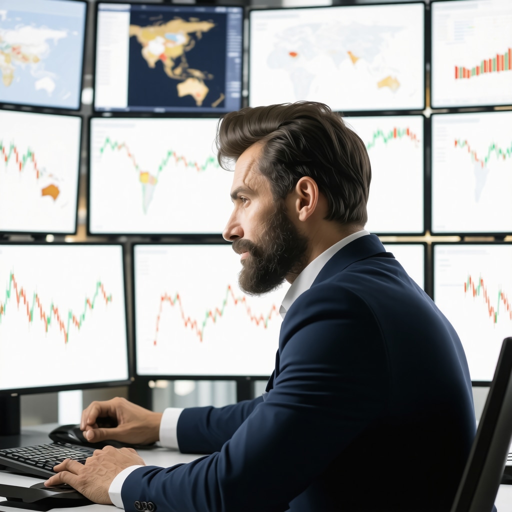 Financial analyst analyzing gold mutual fund data with charts and maps