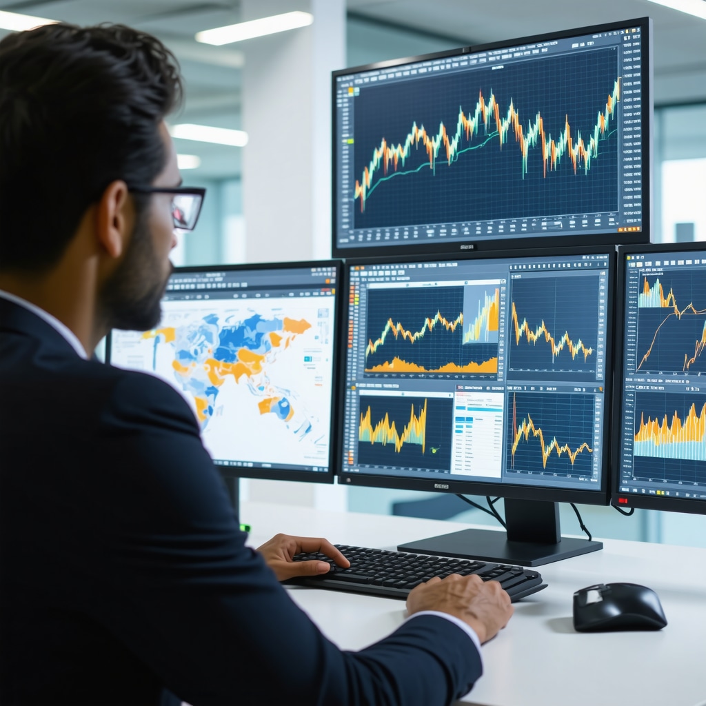 Financial analyst analyzing gold mutual fund data with charts and ESG metrics on multiple screens