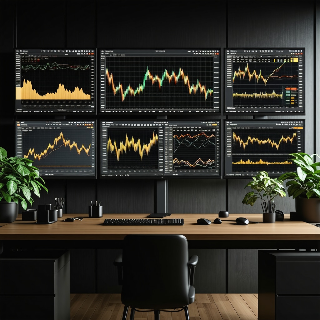 Financial workspace showing gold stock charts, ESG metrics, and portfolio analytics on multiple screens