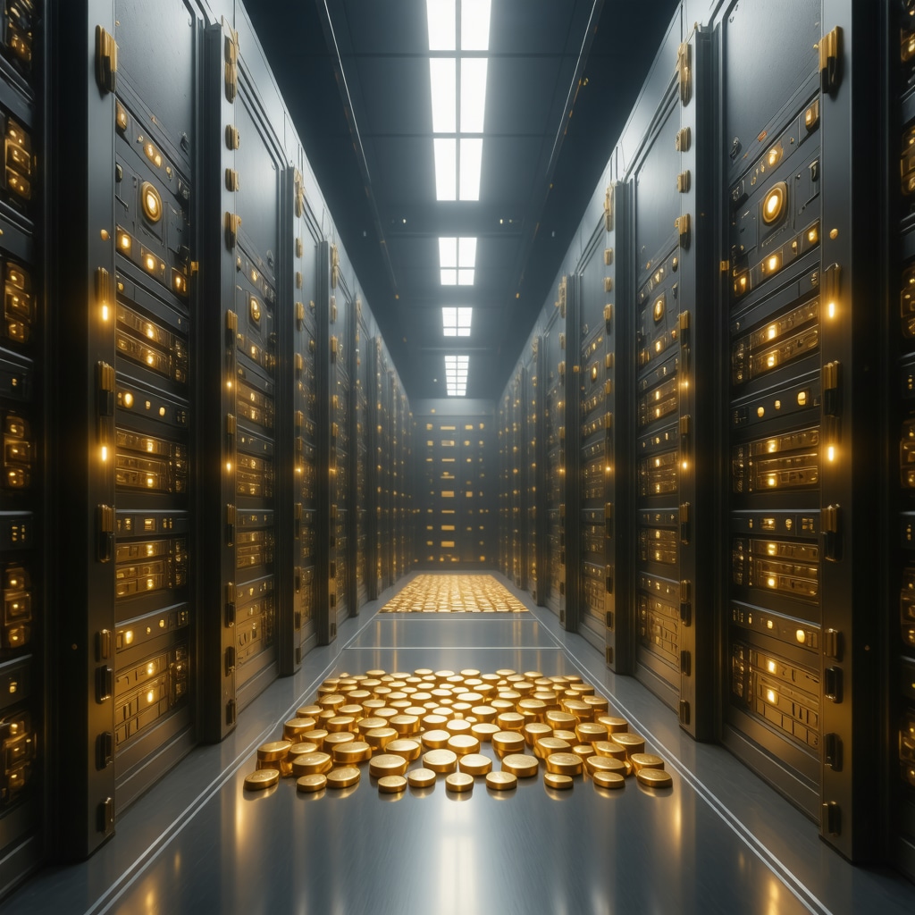 High-tech vault showing blockchain interface and gold bars and coins for secure gold investment