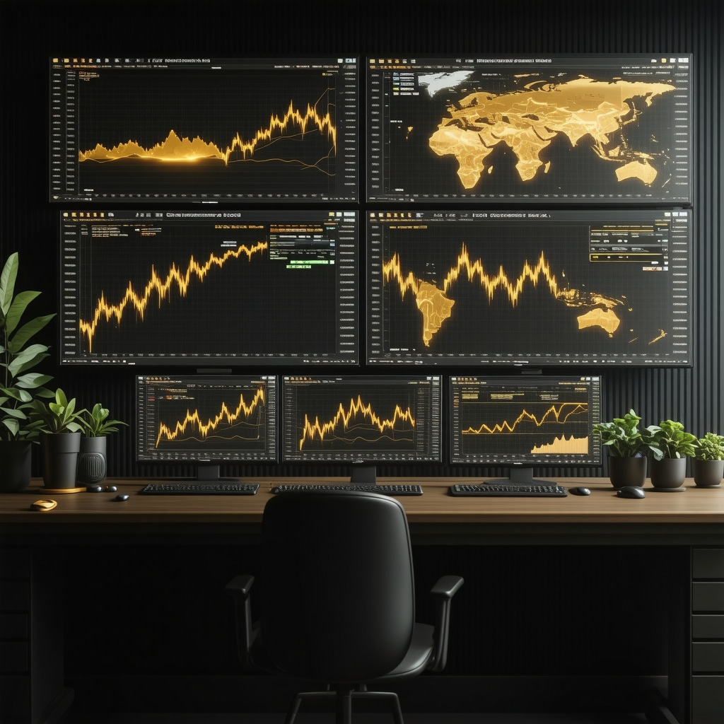Futuristic trading desk showing gold price charts, AI algorithms, and risk management tools