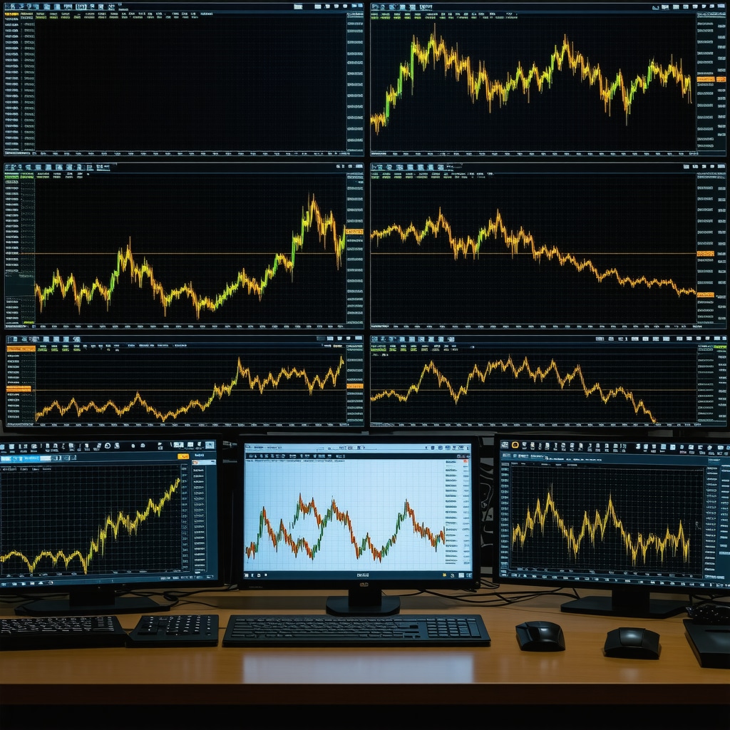 Traders using advanced algorithmic and sentiment analytics tools for gold trading in a high-tech environment