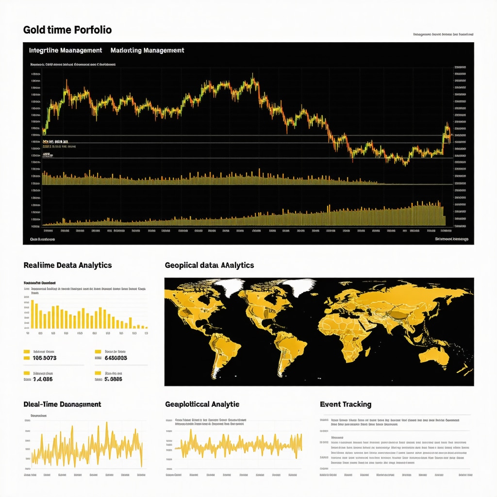 Infographic displaying algorithmic portfolio management combining gold ETFs, data analytics, and geopolitical tracking