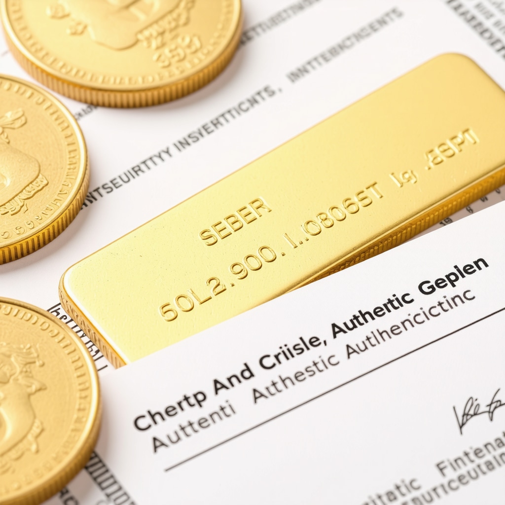 Close-up image of authenticated gold coins and bars with certificates