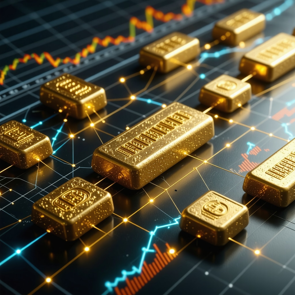 Illustration of blockchain nodes linked with physical gold bars representing digital gold tokens