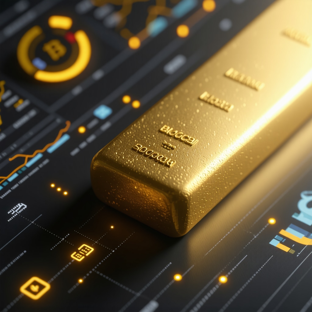 Digital dashboard showing blockchain provenance of gold bars with macro-financial charts and secure storage icons