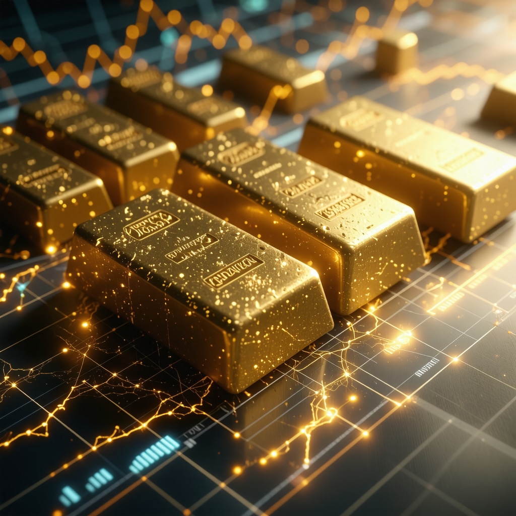 Illustration of blockchain technology integrated with gold bars and financial charts