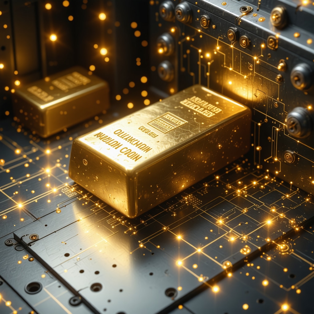 Digital blockchain ledger overlay on physical gold bars in a secure vault