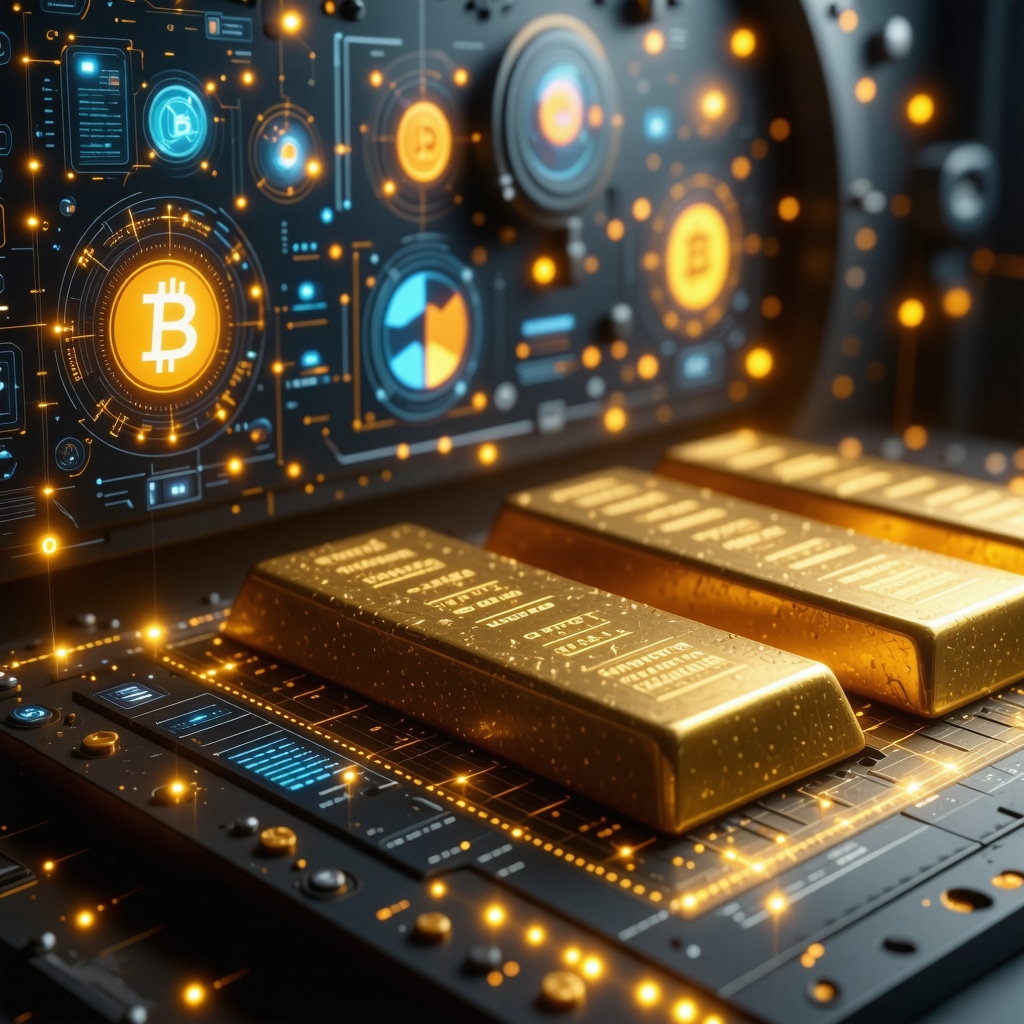 Digital interface depicting blockchain, AI analytics, and ESG certification icons over gold bars in vault