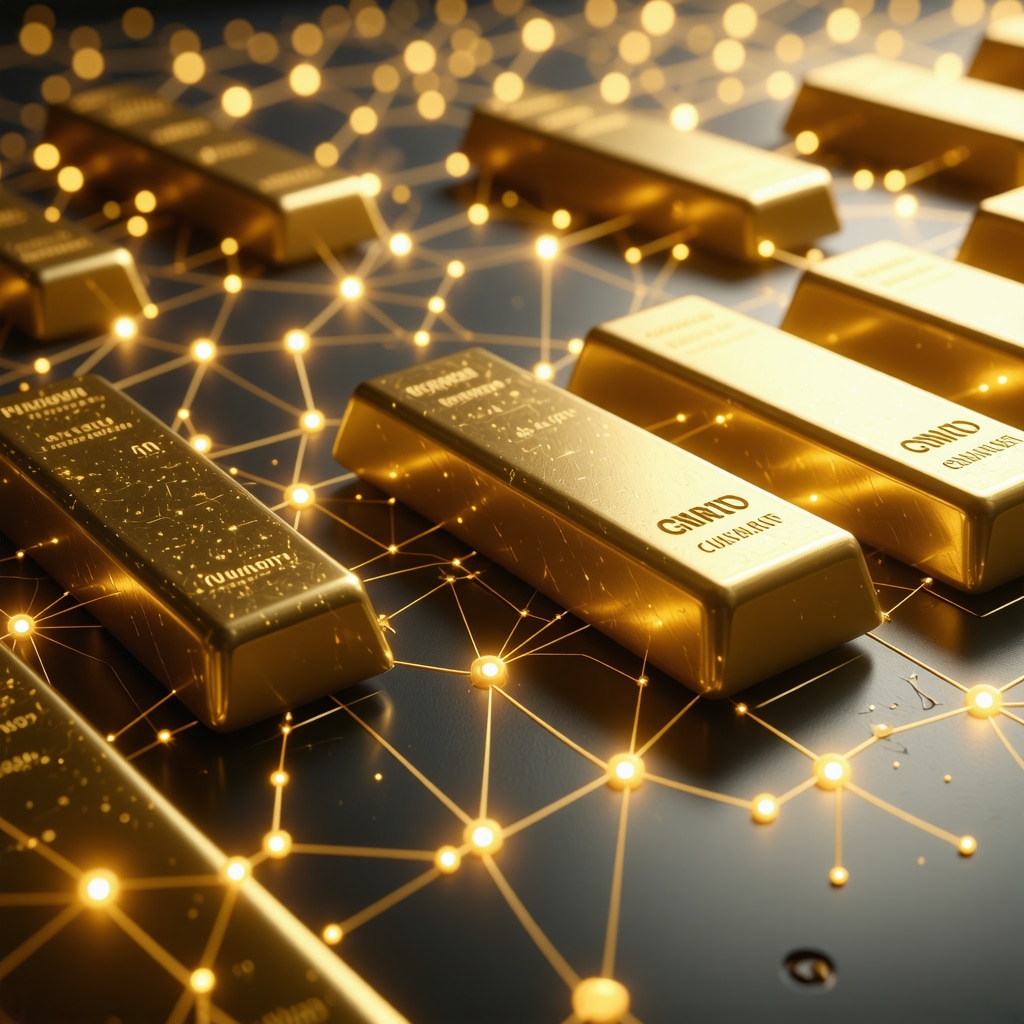 Illustration of blockchain nodes connected with gold bars and digital analytics graphics representing advanced gold mutual fund management