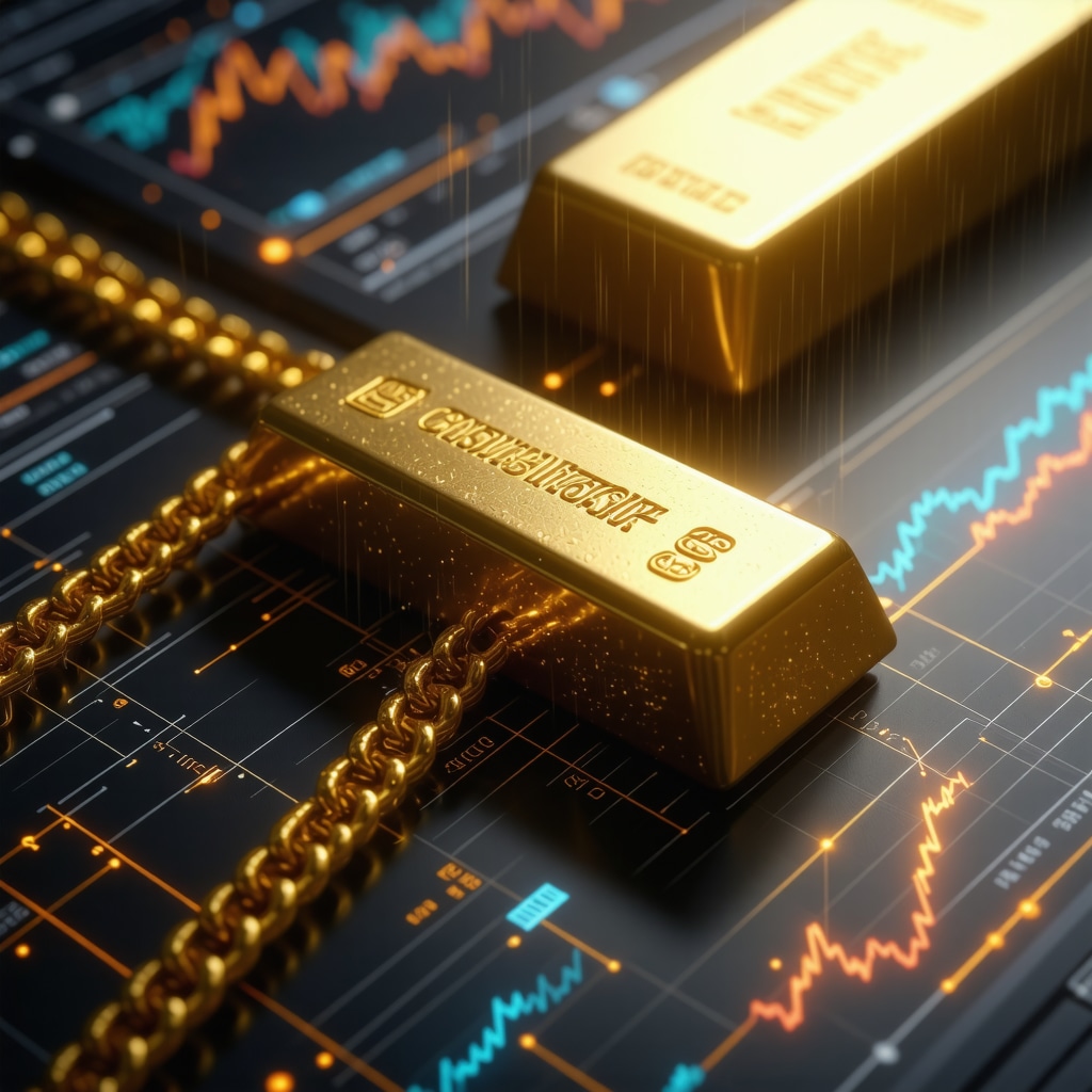 Digital blockchain chains connected to gold bars with AI data analytics overlay