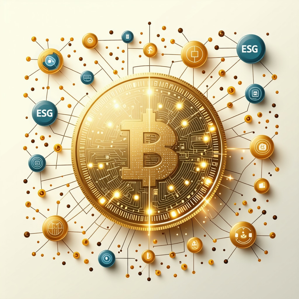 Digital gold coin surrounded by blockchain and ESG symbols representing advanced gold investment technologies