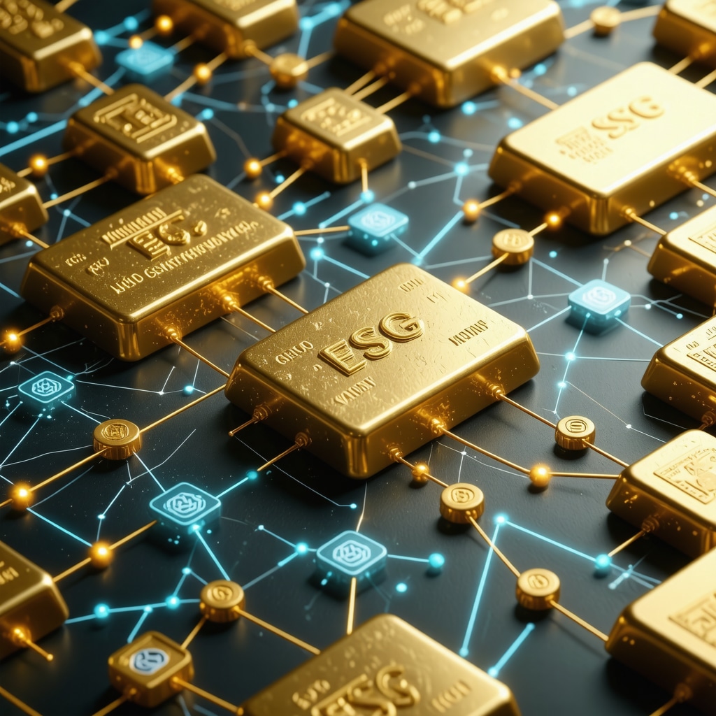 Futuristic illustration of gold bars connected by blockchain nodes with ESG symbols indicating sustainability and governance