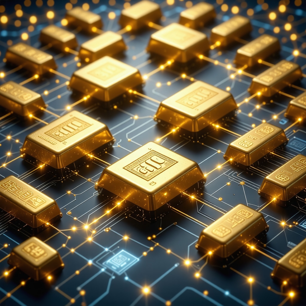Digital illustration of blockchain networks connected with gold bars and technology icons symbolizing advanced gold market innovations