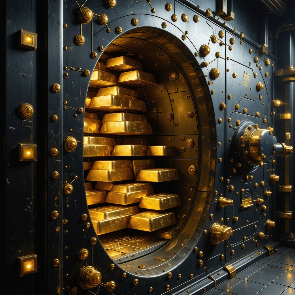 Digital vault with gold bars connected to blockchain nodes representing tokenized gold IRA custody