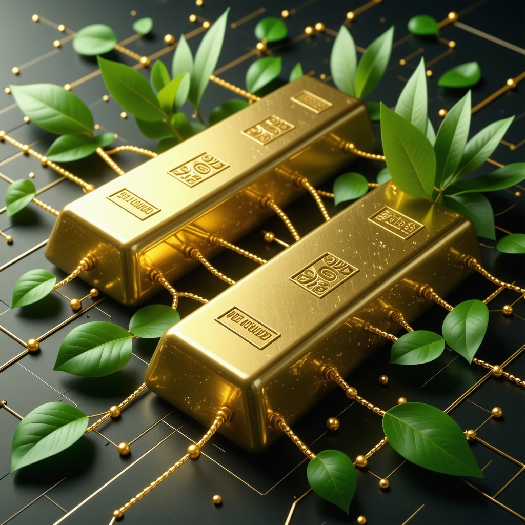 Physical gold bars connected by blockchain digital chains with green leaves representing ethical sourcing
