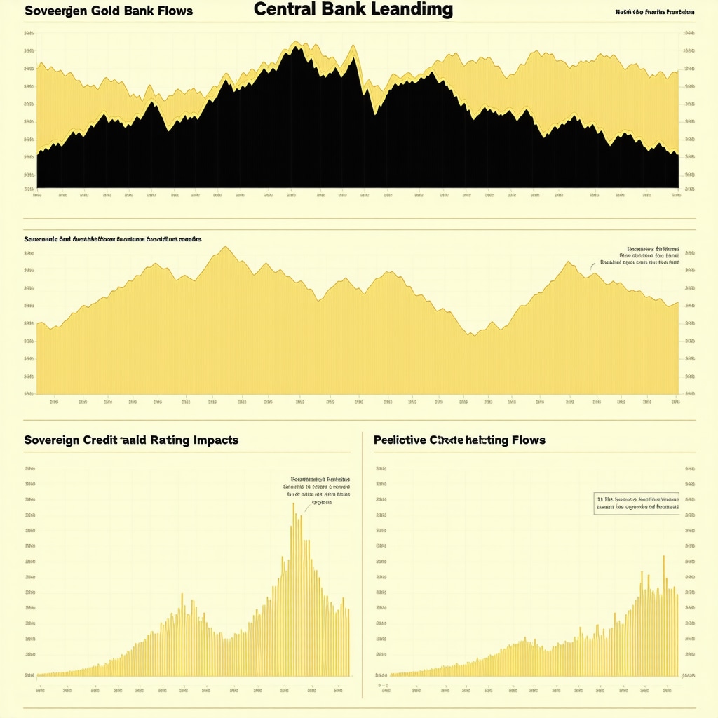 Infographic showing central bank gold lending dynamics, sovereign credit rating effects, and predictive analytics on gold markets