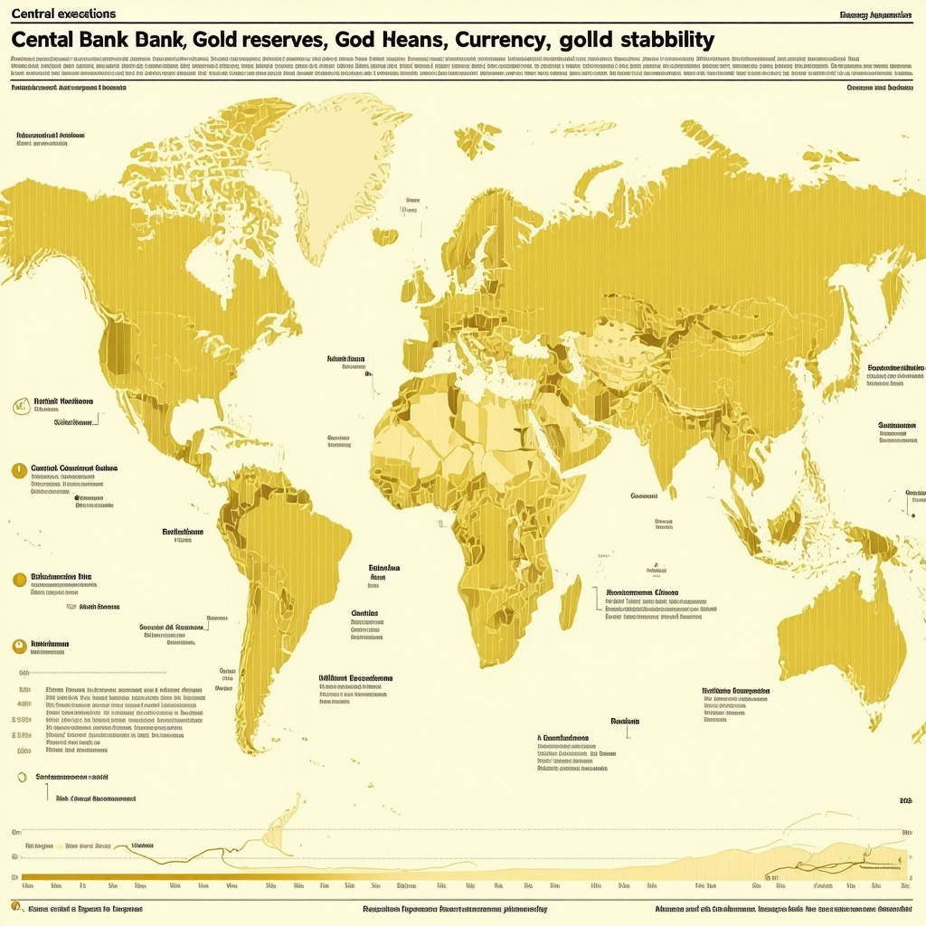 Infographic showing central bank gold reserves influence on currency stability and global gold demand with economic charts and geopolitical maps