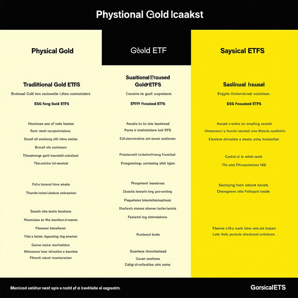 Infographic comparing physical gold, traditional Gold ETFs, and sustainable ESG-focused Gold ETFs with risks and benefits
