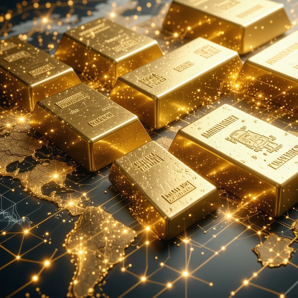 Visualization of gold bars, blockchain icons, mining technology, and geopolitical risk maps representing advanced gold market dynamics and supply trends
