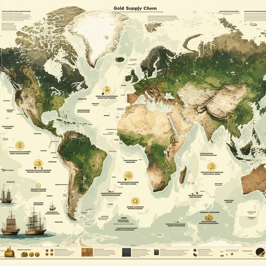 Infographic showing gold mining, logistics, geopolitical risks, and digital gold tokenization