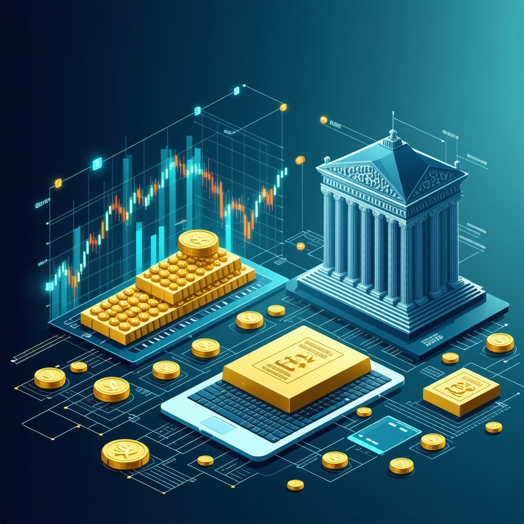 Illustration depicting the influence of behavioral economics, technological innovations, and central bank gold leasing on gold price volatility and demand