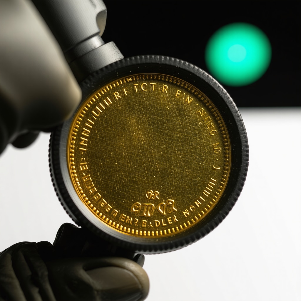 Close-up image showing micro-engraving on a gold coin alongside advanced spectroscopy instruments