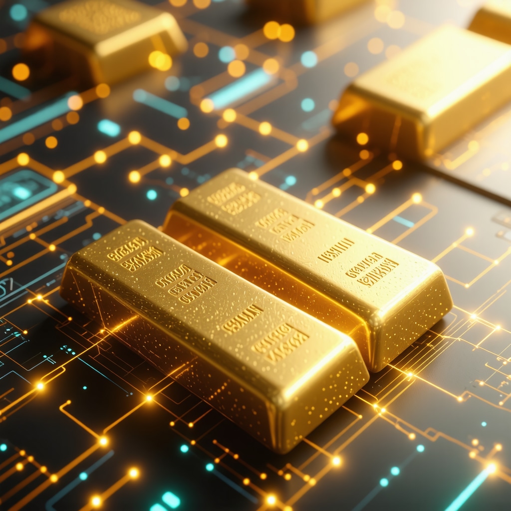 Digital interface showing gold bars and blockchain data streams representing modern gold investment technology